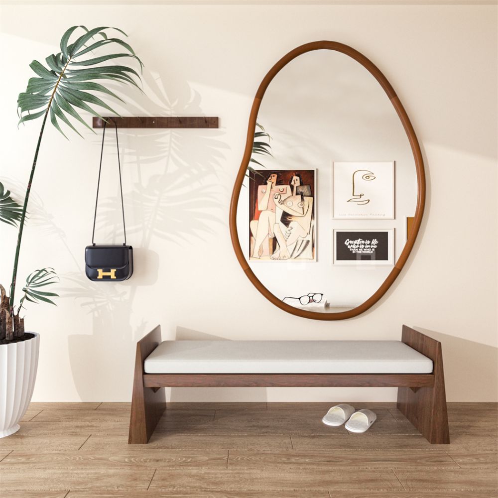 Stunning Asymmetrical Large Wall Mirror with Mid Century Wood Frame