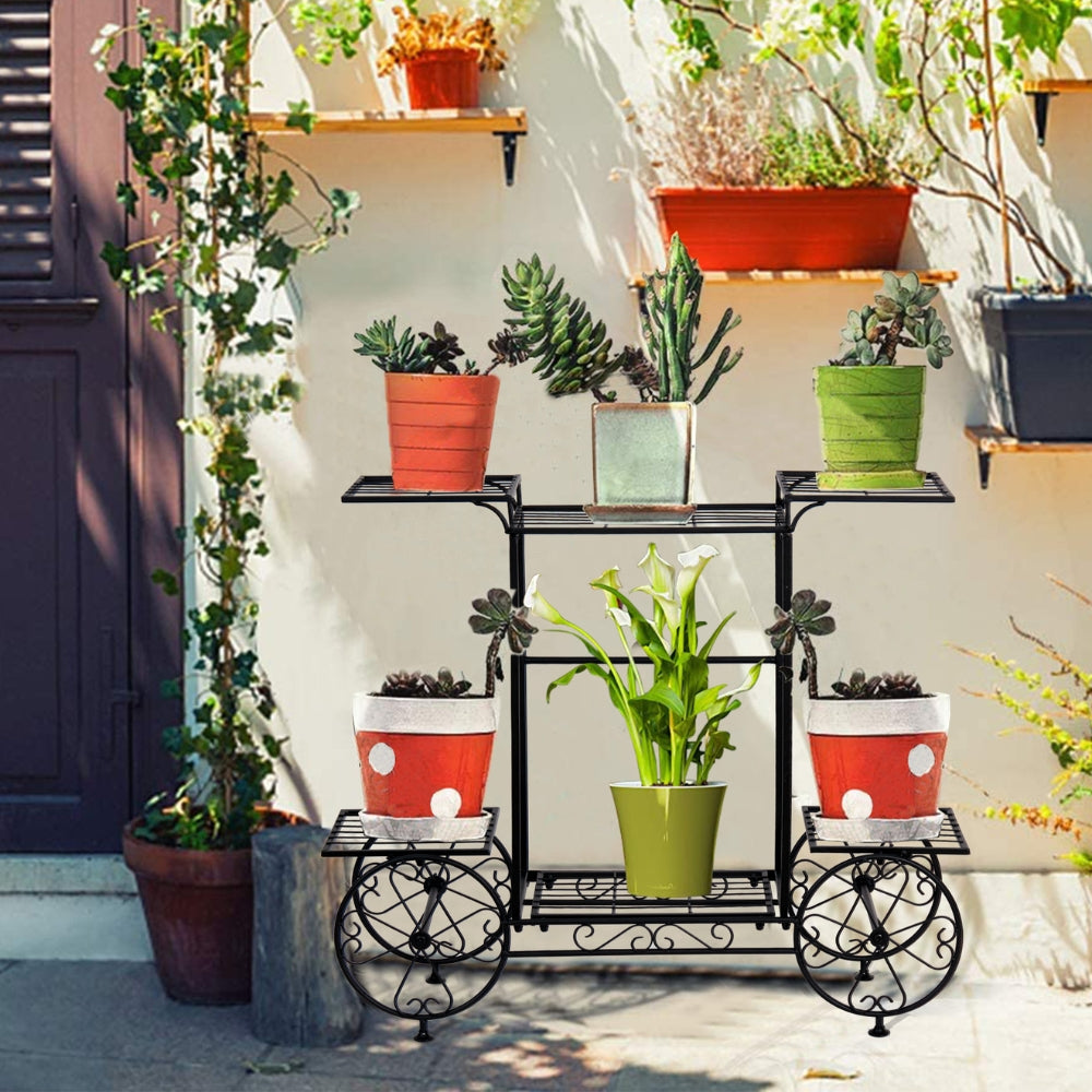 6 Tiers Metal Garden Cart Plant Stand Display Shelf Rack_9