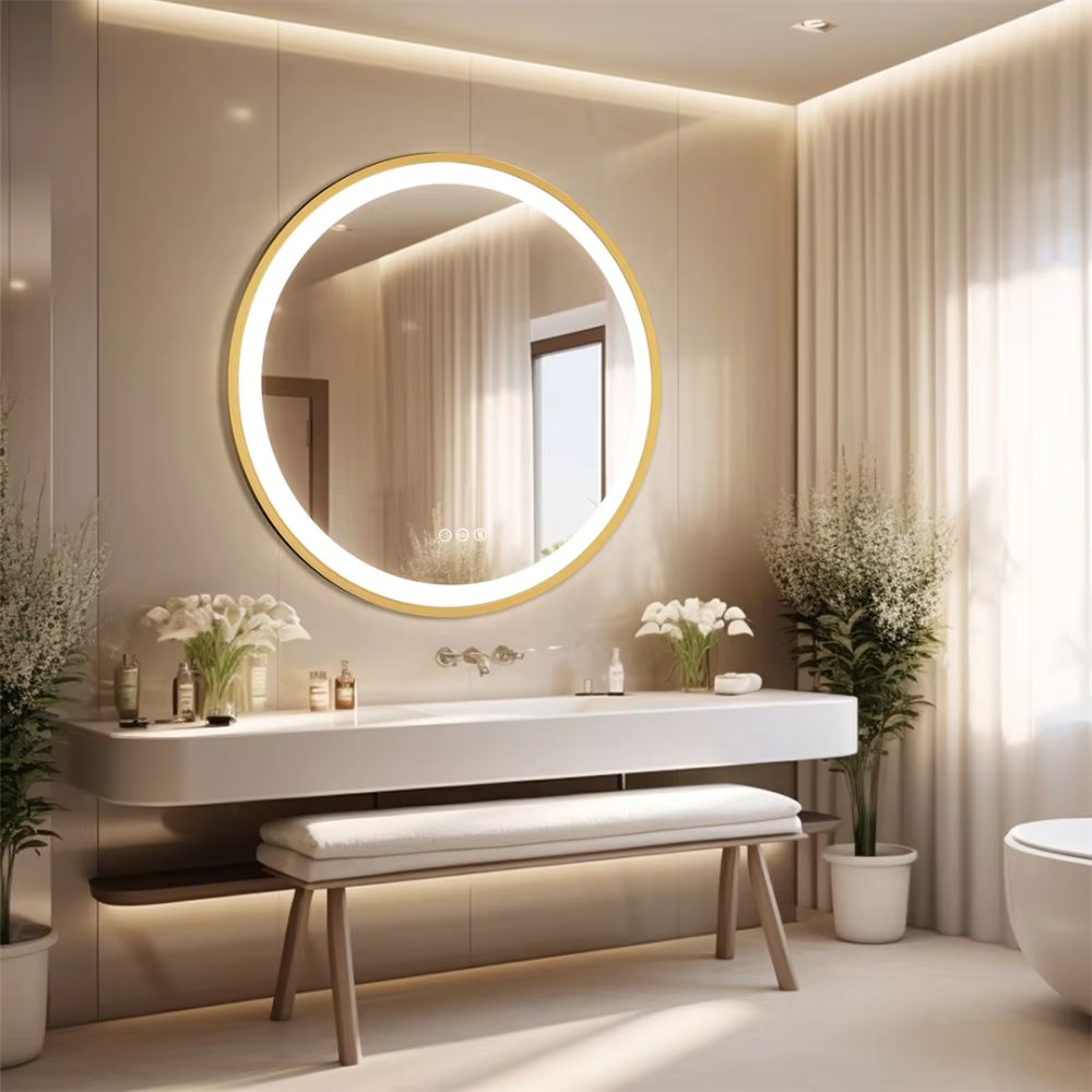 24 Inch Gold Frame Round Bathroom Mirror with Lights