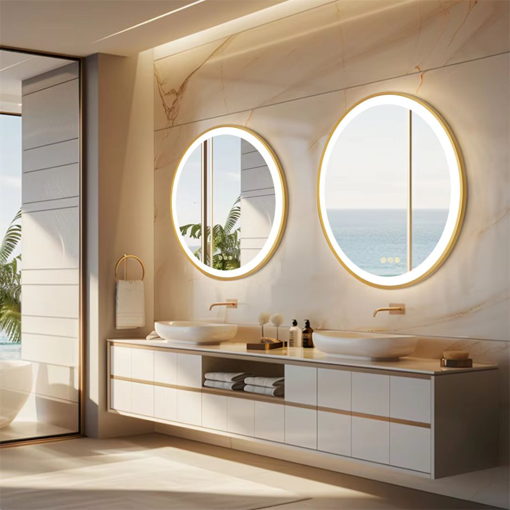 24 Inch Gold Frame Round Bathroom Mirror with Lights