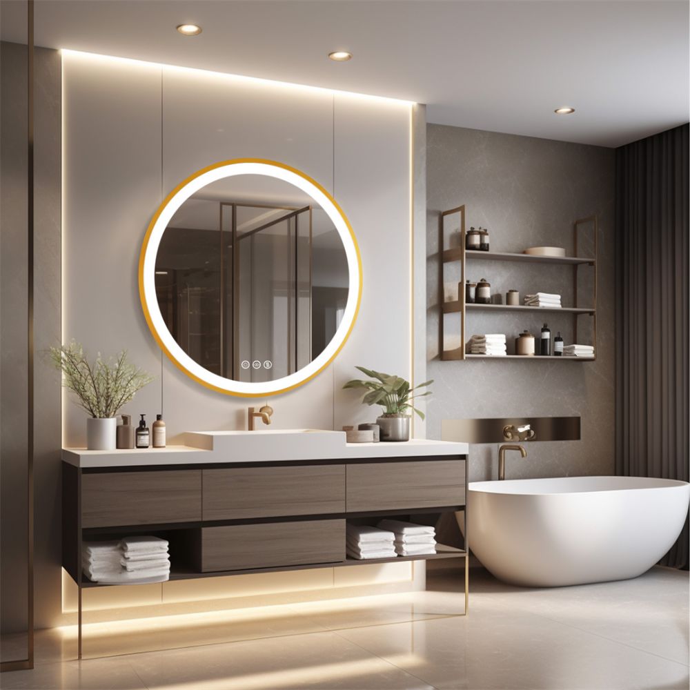 24 Inch Gold Frame Round Bathroom Mirror with Lights