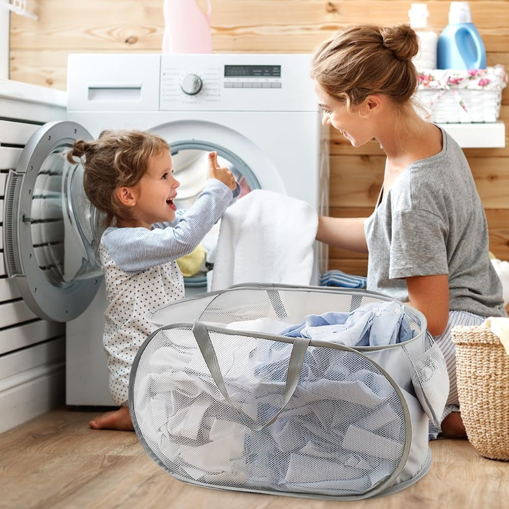 Durable Collapsible Laundry Basket Mesh Pop Up Laundry Hamper With Side Pocket