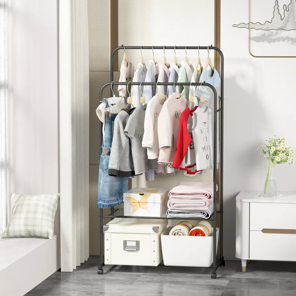 1.5m Clothes Rack Double Rail Rolling Stand Shoes Rack Storage Shelf