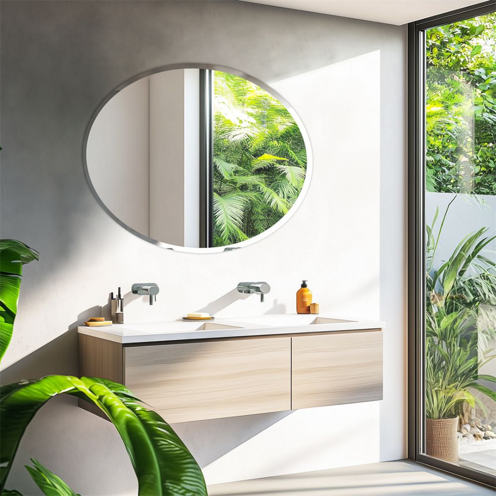 Frameless Silver Oval Vanity Mirror Beveled Edge Art Wall Decor