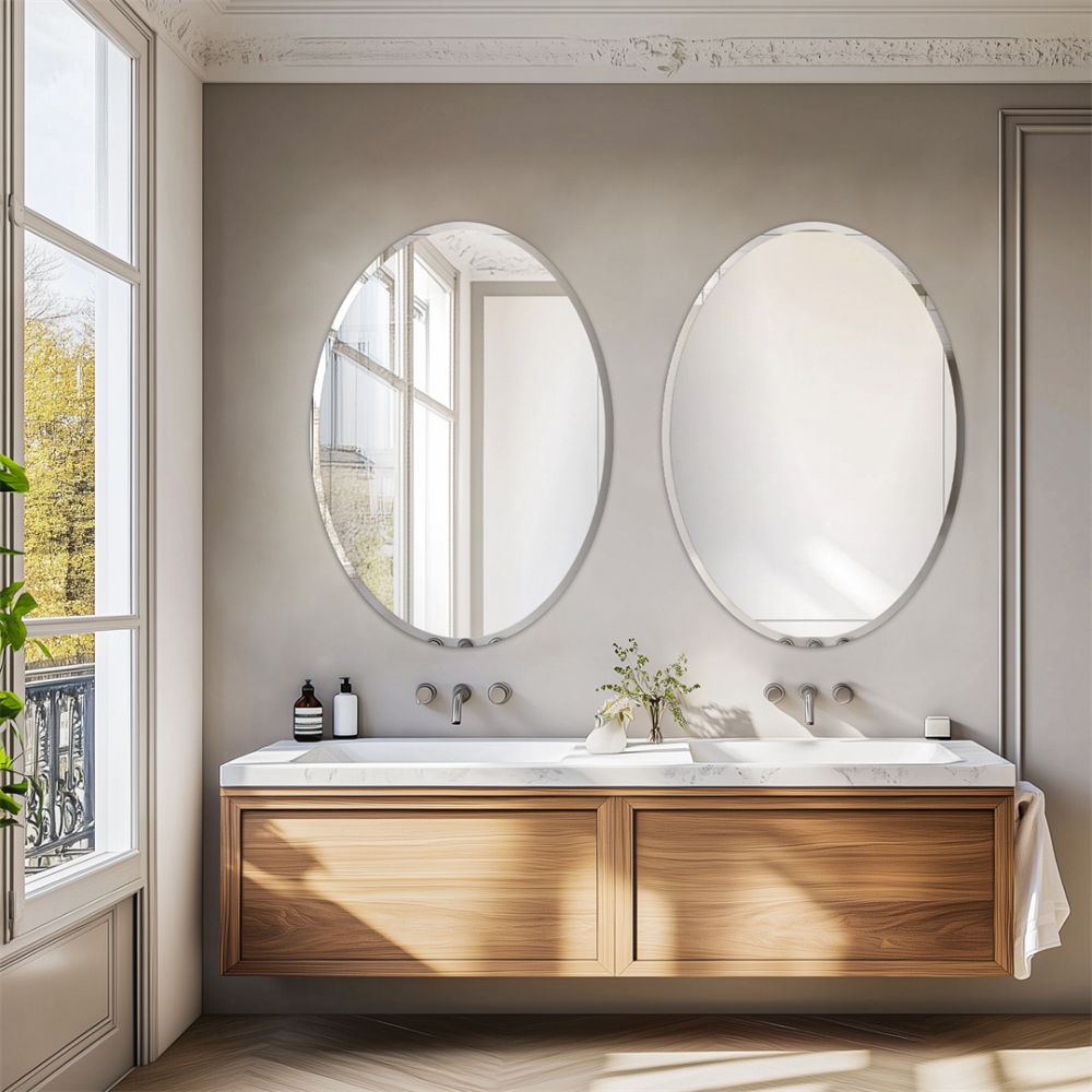 Frameless Silver Oval Vanity Mirror Beveled Edge Art Wall Decor