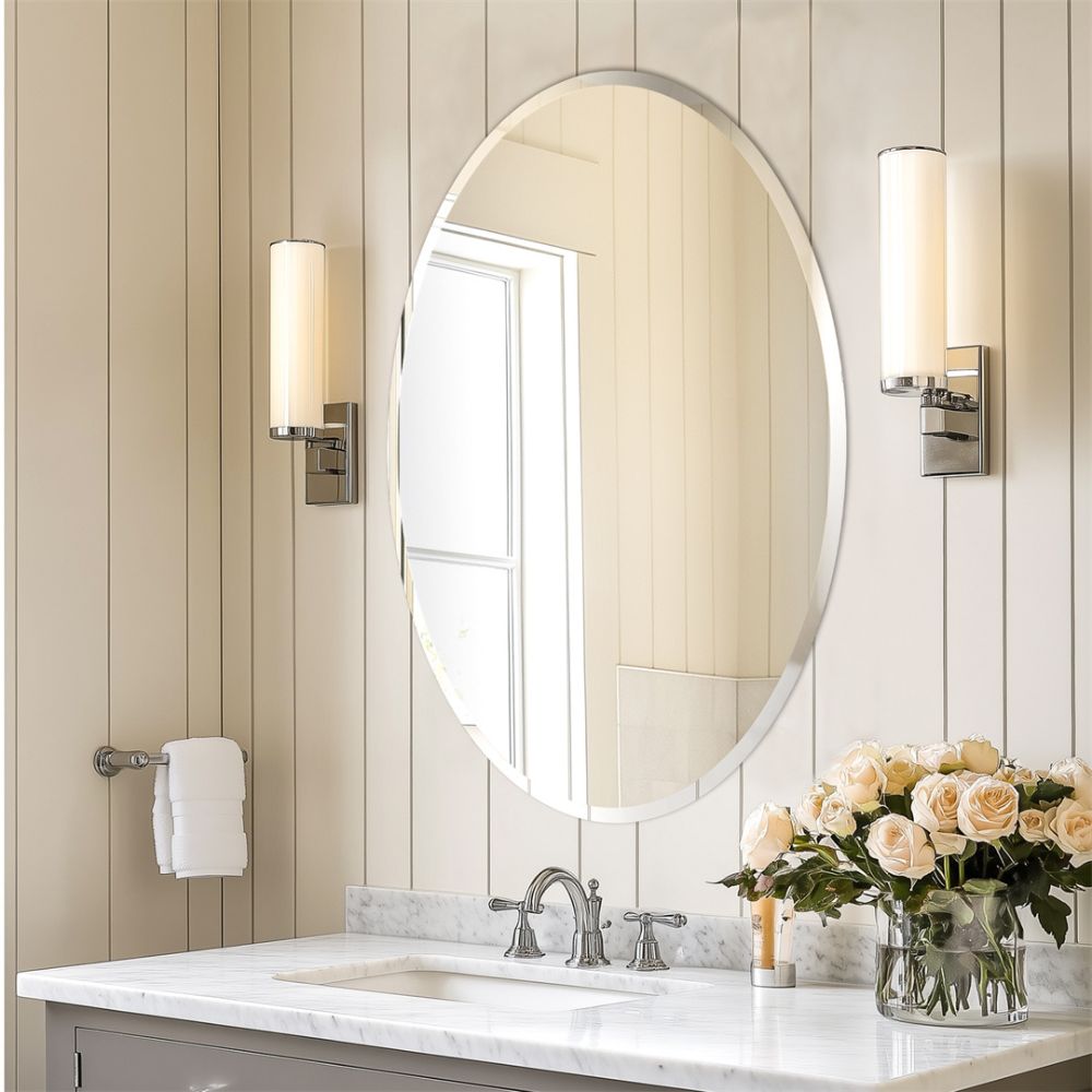 Frameless Silver Oval Vanity Mirror Beveled Edge Art Wall Decor