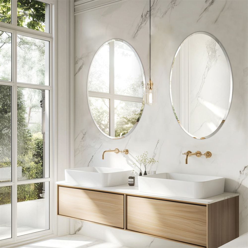 Frameless Silver Oval Vanity Mirror Beveled Edge Art Wall Decor