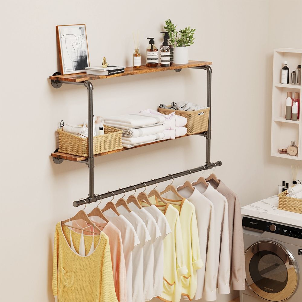 Industrial Pipe Coat Rack with 2 Shelves