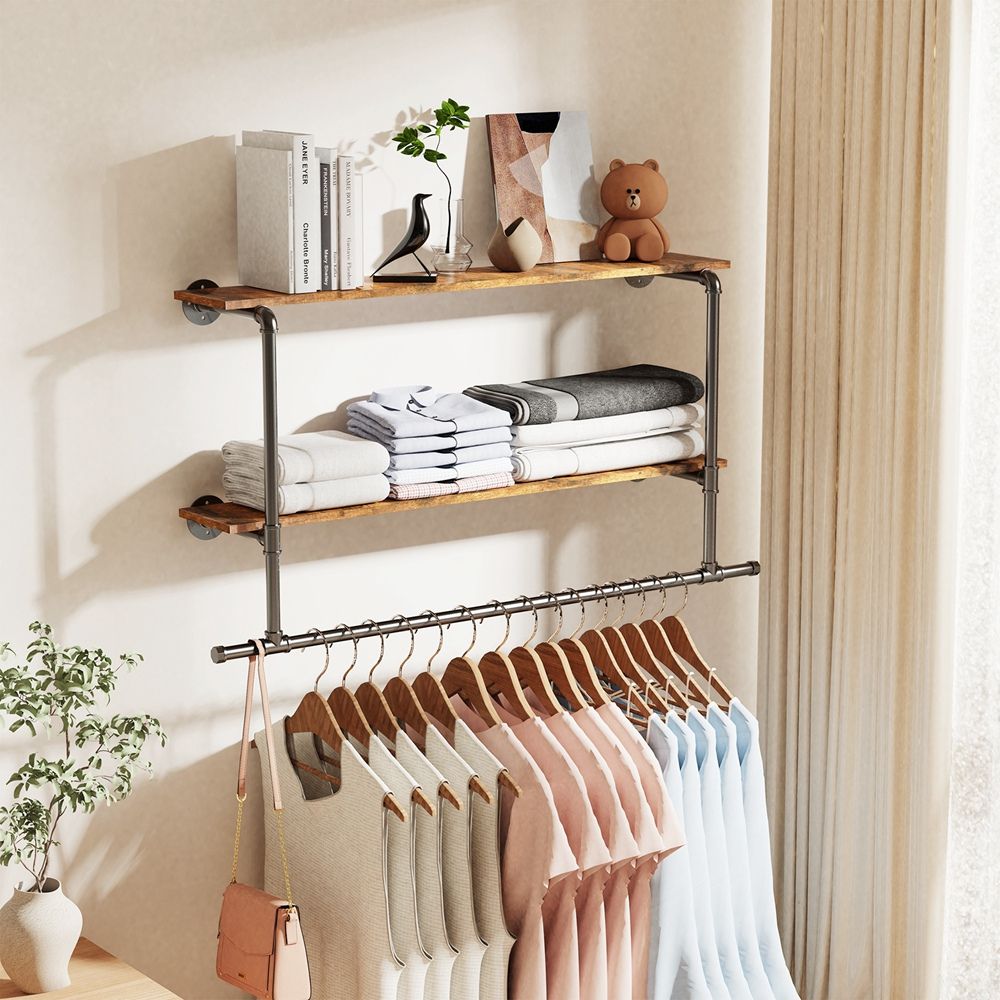Industrial Pipe Coat Rack with 2 Shelves