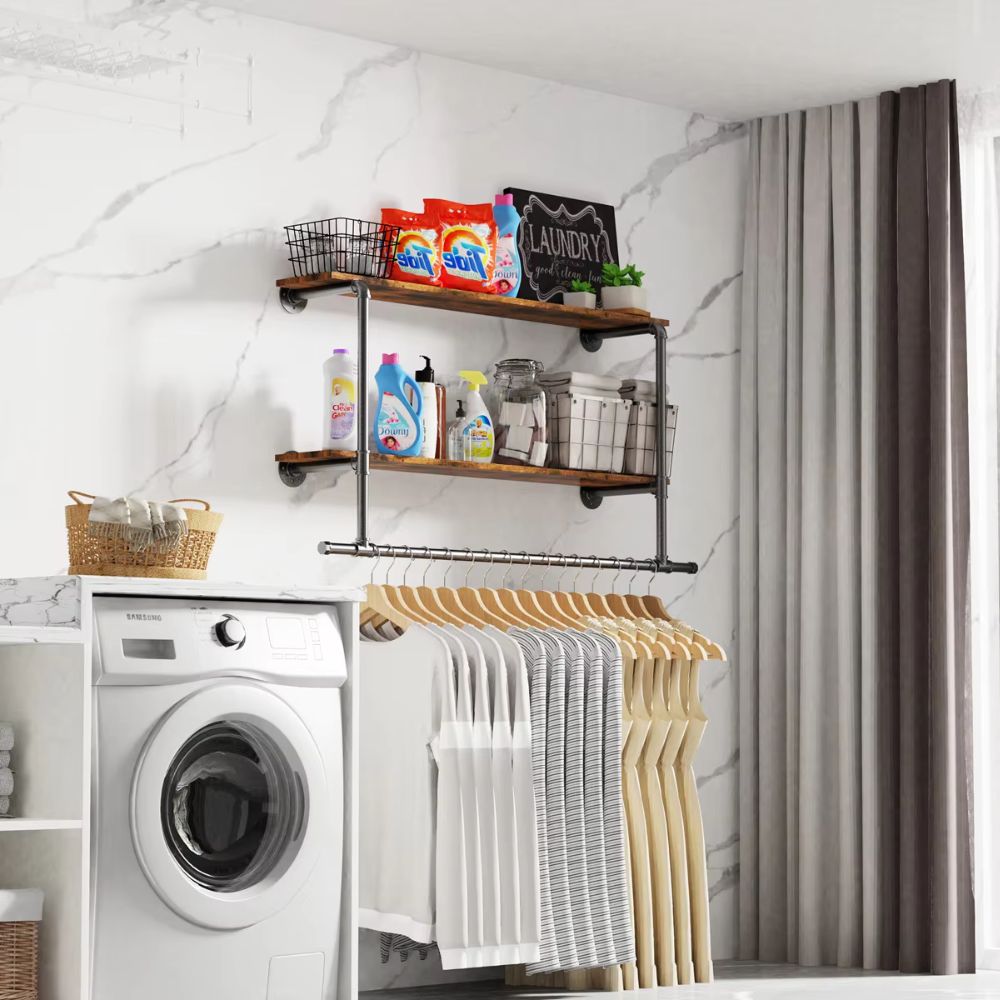 Industrial Pipe Coat Rack with 2 Shelves
