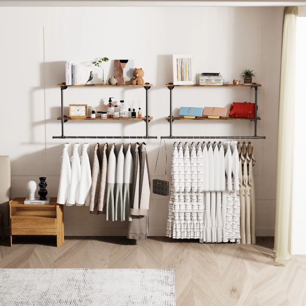 Industrial Pipe Coat Rack with 2 Shelves