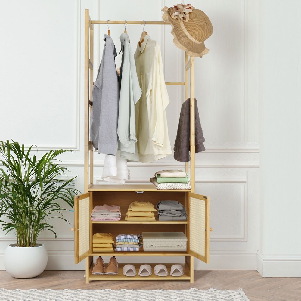Freestanding Bamboo Clothes Rack with Shoe Cabinet