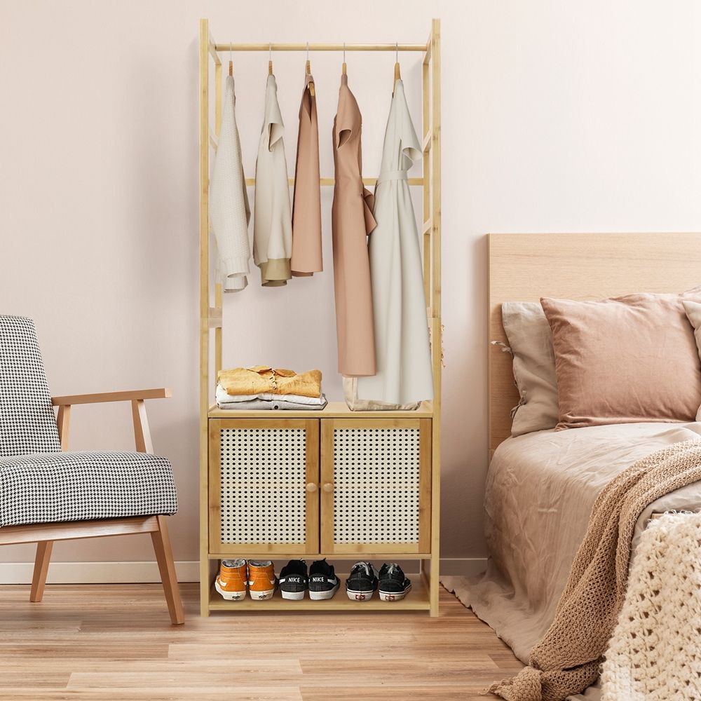 Freestanding Bamboo Clothes Rack with Shoe Cabinet