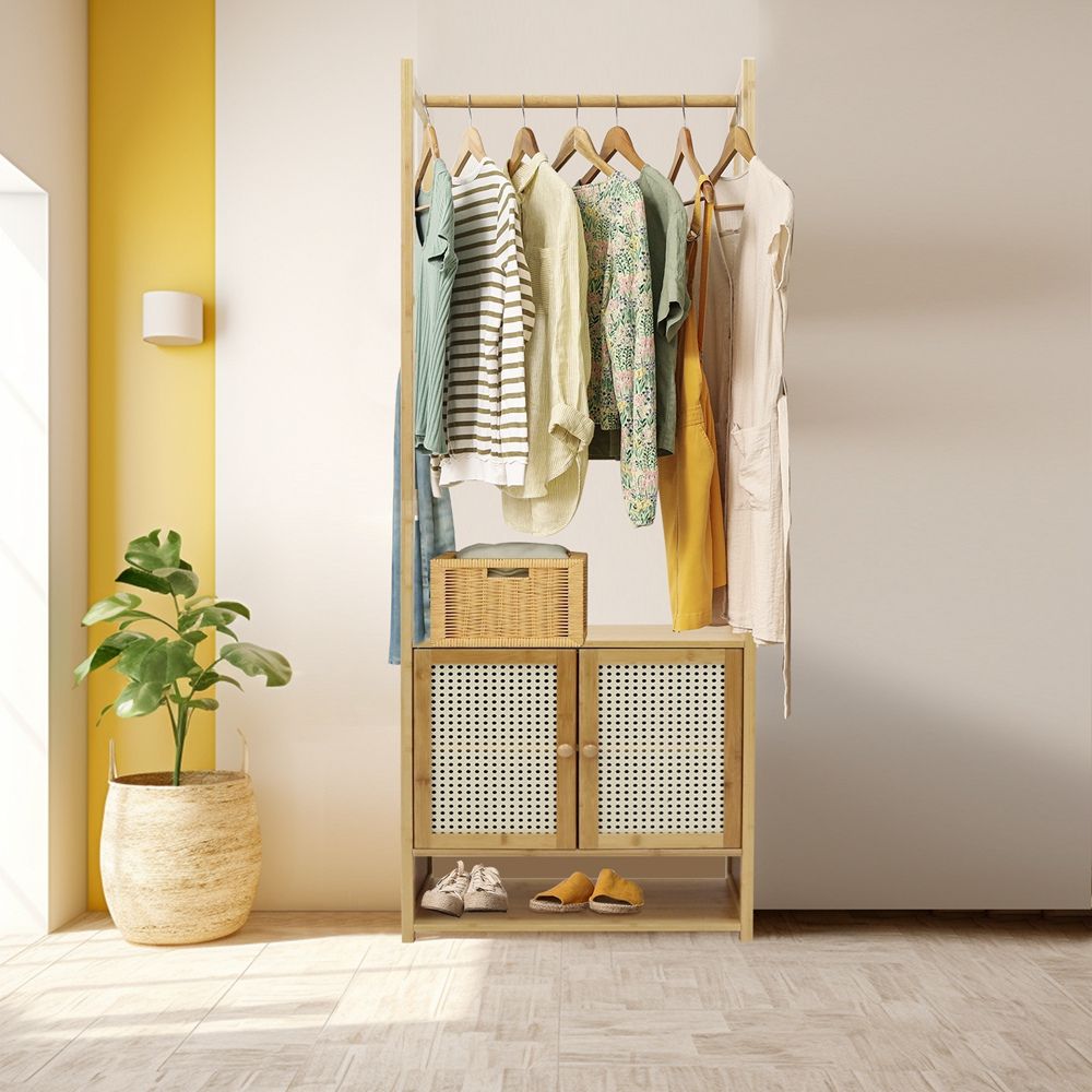 Freestanding Bamboo Clothes Rack with Shoe Cabinet