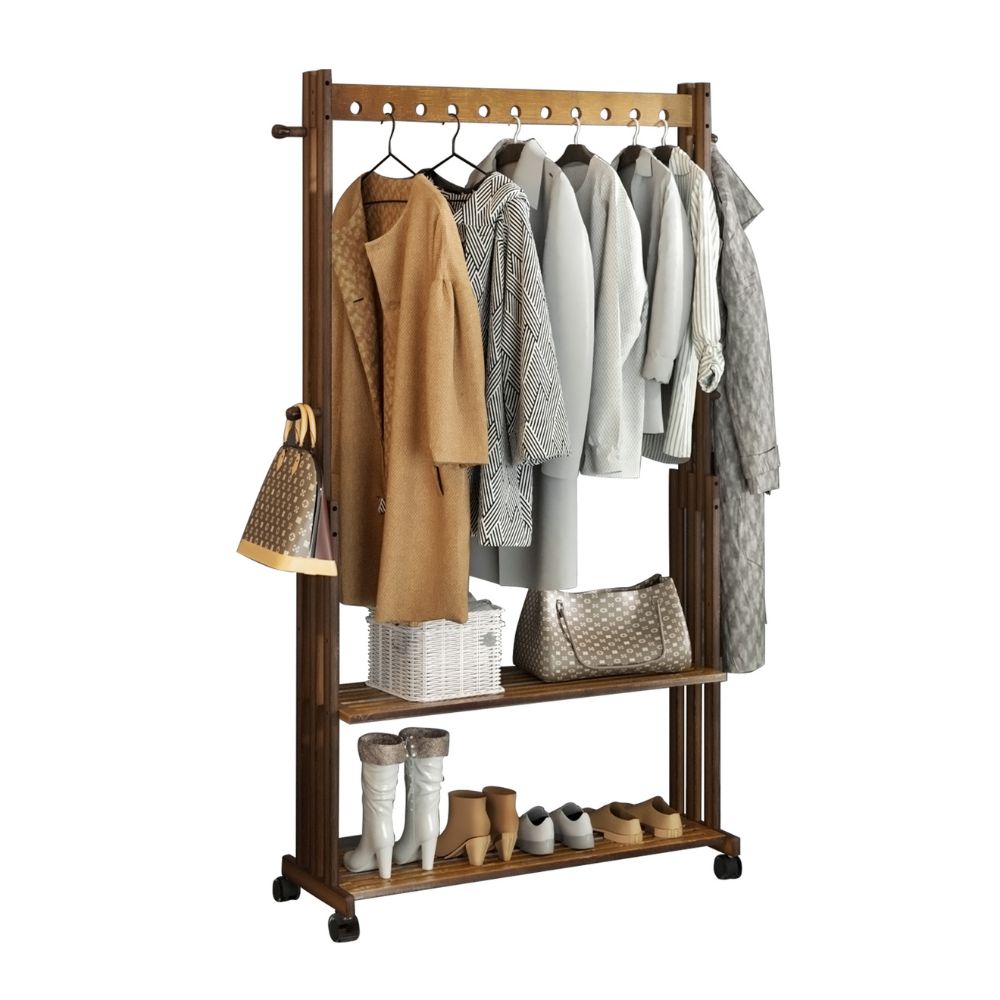 Bamboo Clothes Rack Stand with Wheels