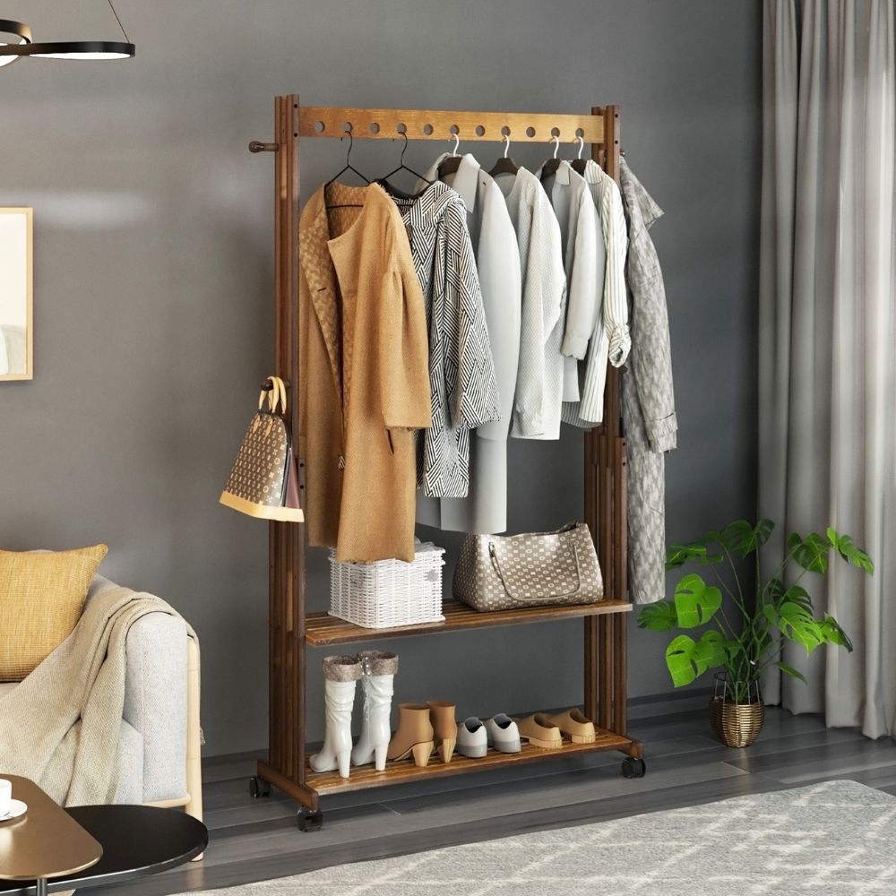 Bamboo Clothes Rack Stand with Wheels