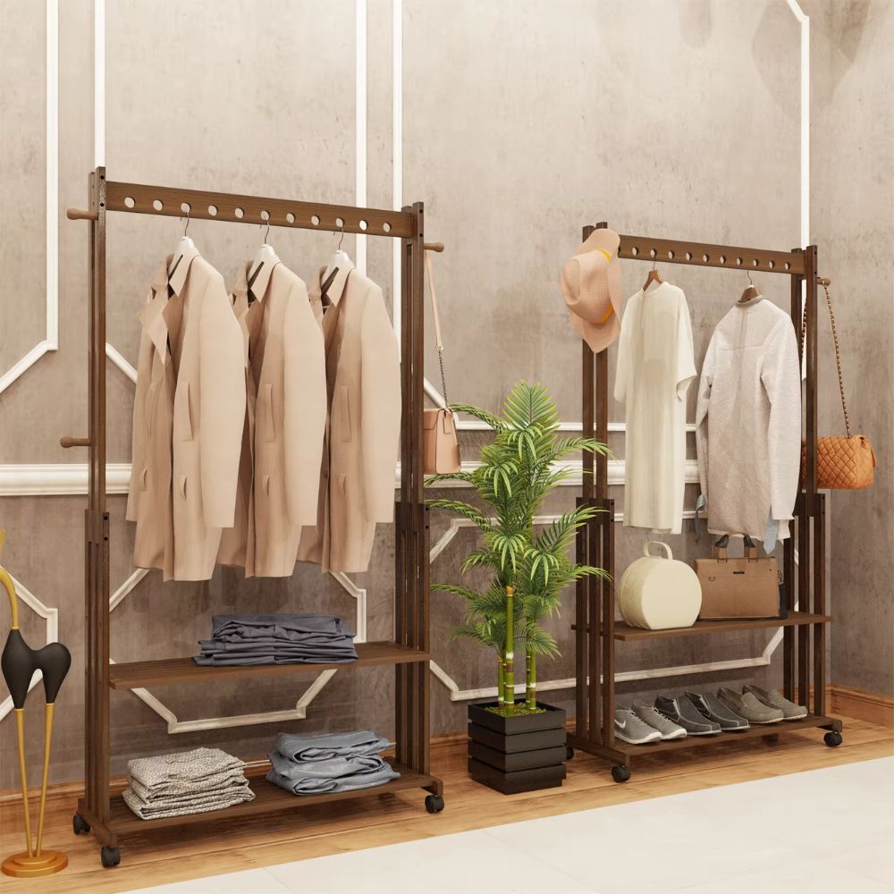 Bamboo Clothes Rack Stand with Wheels