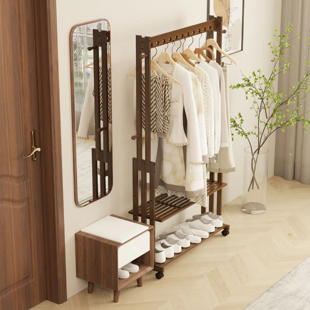 Bamboo Clothes Rack Stand with Wheels
