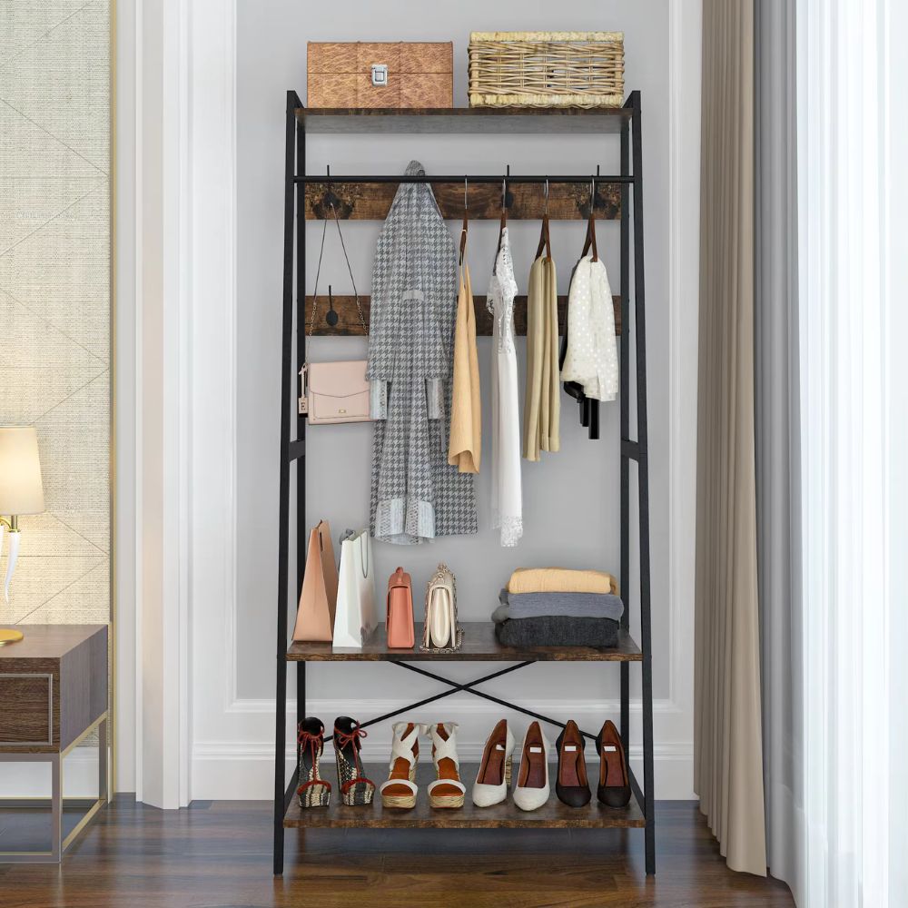 3-Tier Heavy Duty Garment Rack Wardrobe with Shoe Storage Shelves