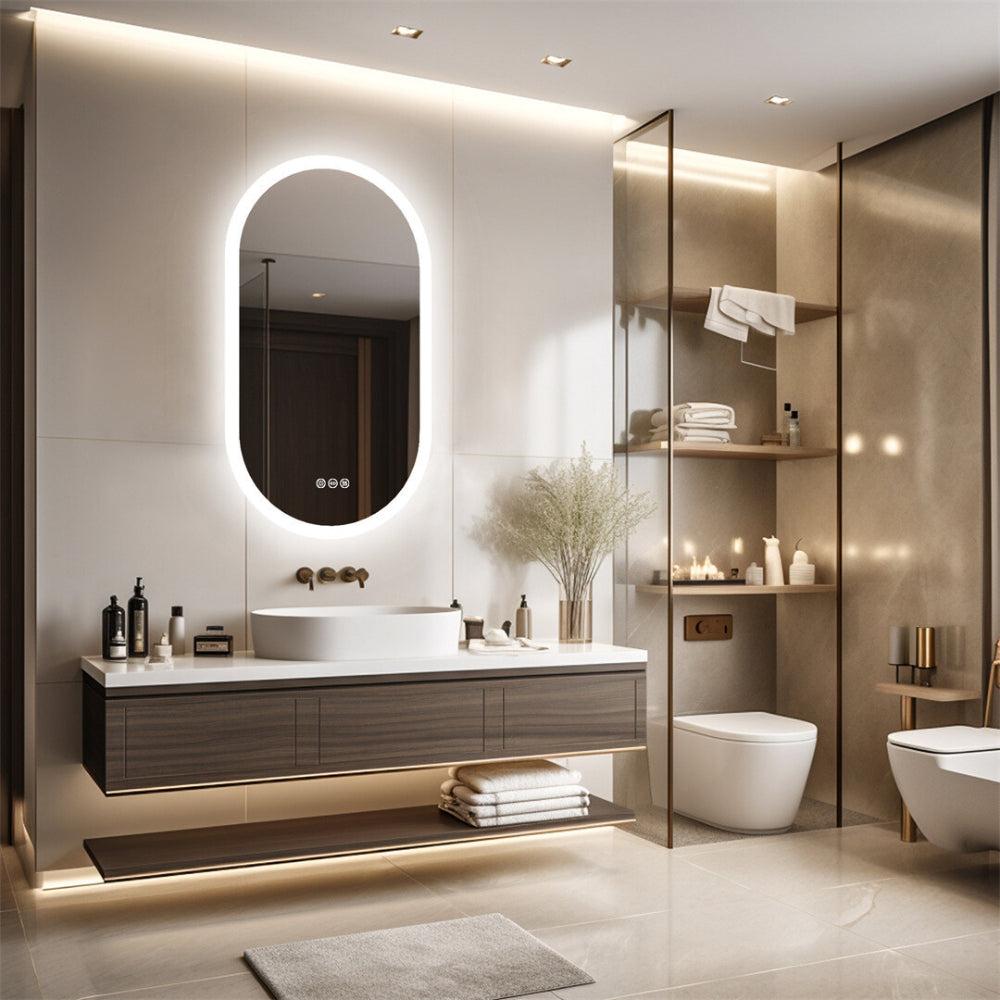 LED Backlit Bathroom Mirror - Touch Sensor, 3 Color Dimmable, Defog Function