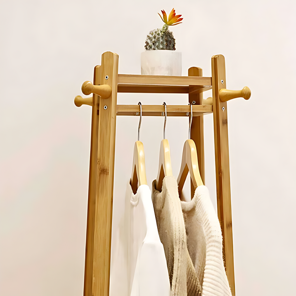 Bamboo Coat Rack Free Standing 2-Shelves Clothing Storage Garment Organizer
