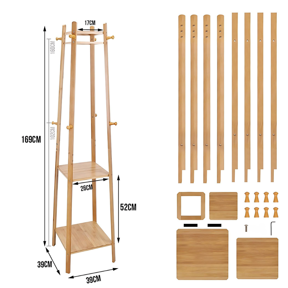 Bamboo Coat Rack Free Standing 2-Shelves Clothing Storage Garment Organizer