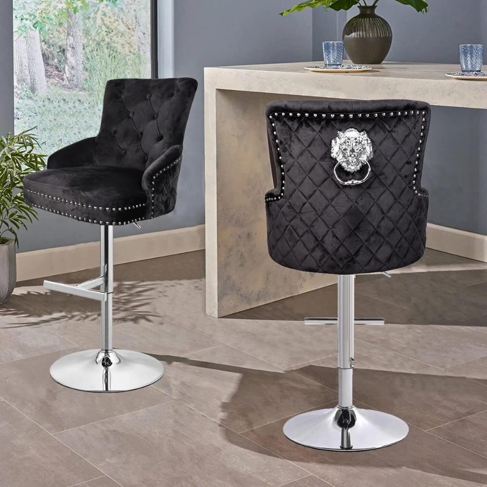 Velvet Swivel Bar Stools with Luxurious Upholstery and Lion Knocker Detail