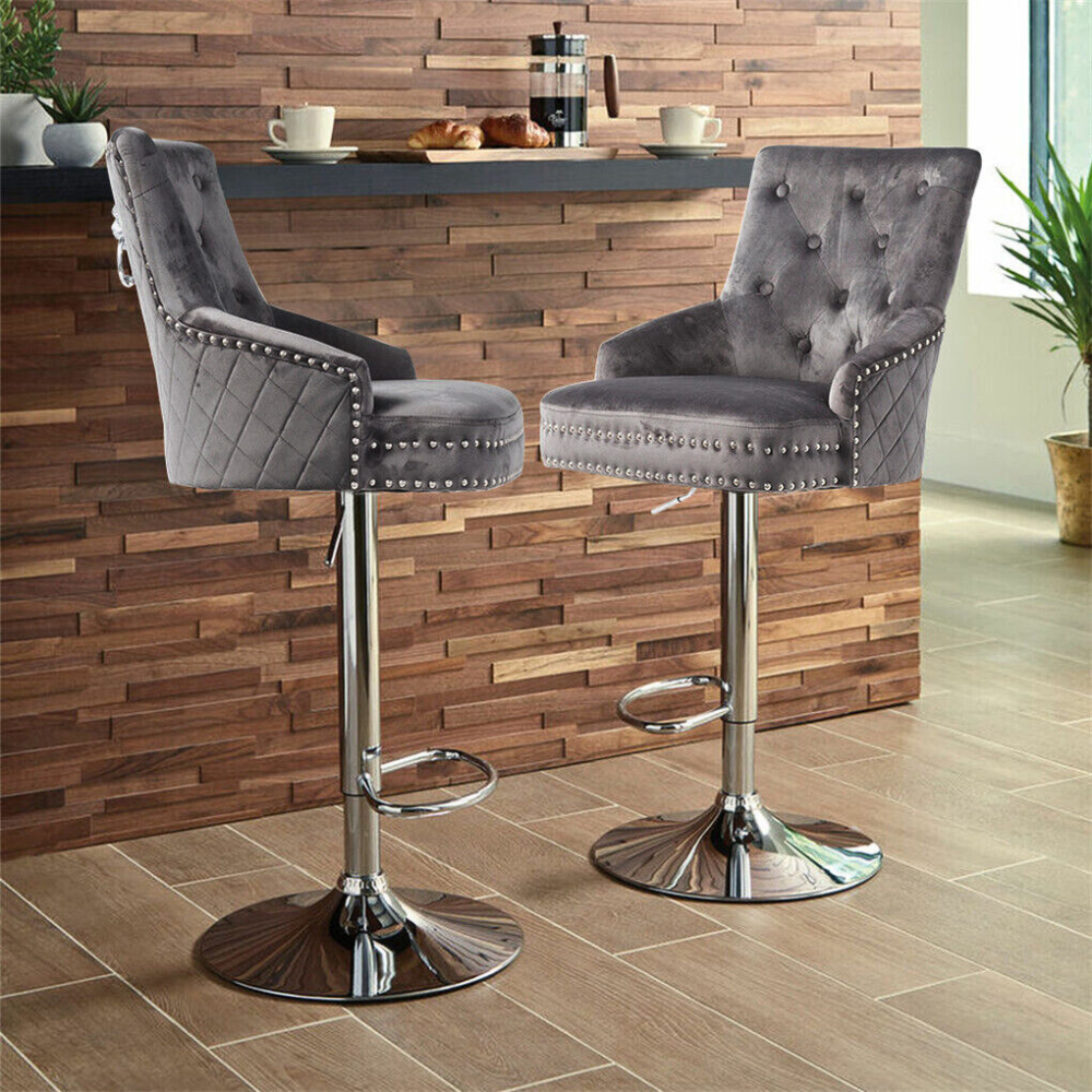 Velvet Swivel Bar Stools with Luxurious Upholstery and Lion Knocker Detail