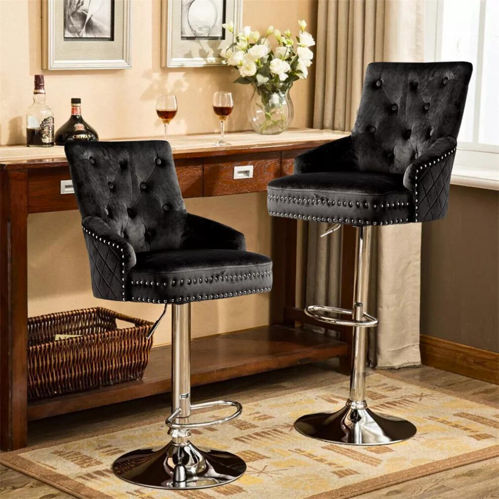 Velvet Swivel Bar Stools with Luxurious Upholstery and Lion Knocker Detail