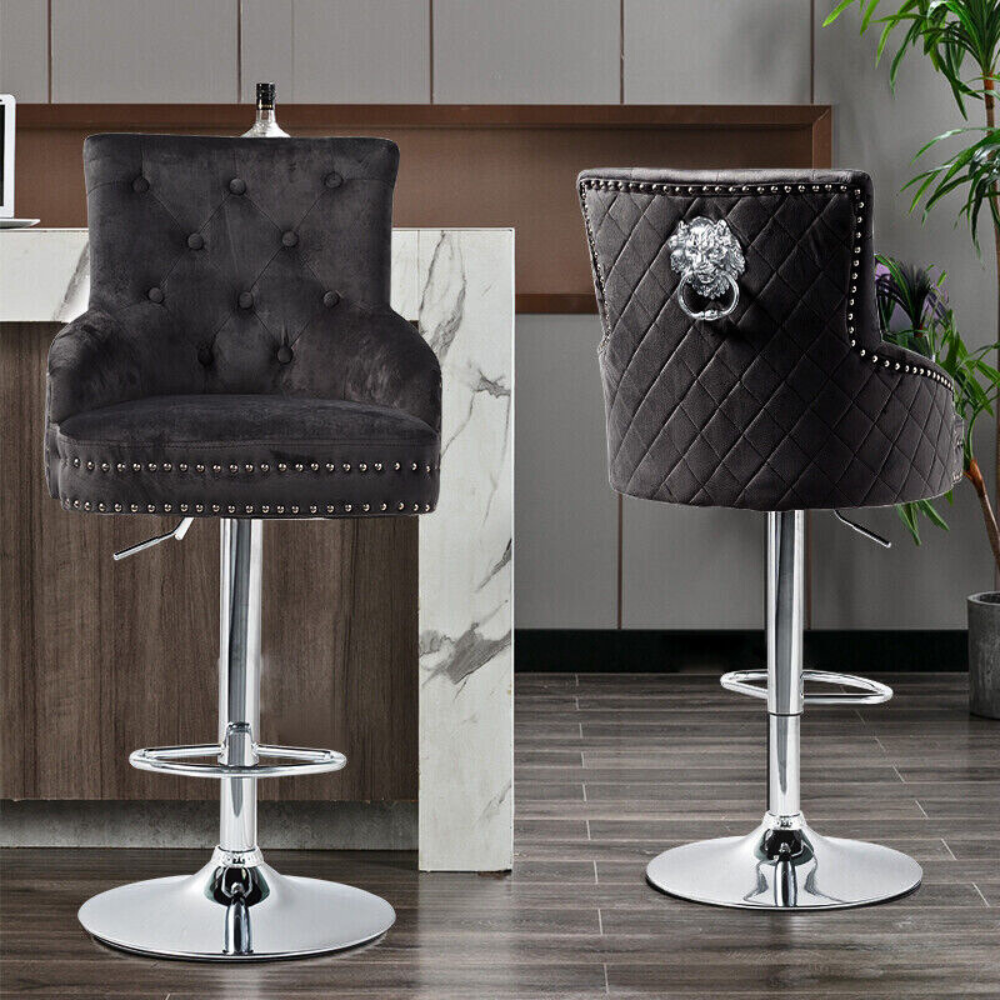 Velvet Swivel Bar Stools with Luxurious Upholstery and Lion Knocker Detail
