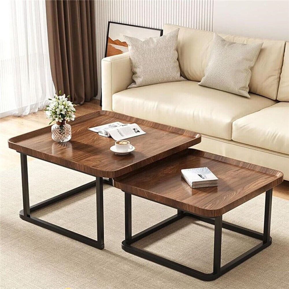 Industrial Coffee Table Set - Wooden Top and Metal Base
