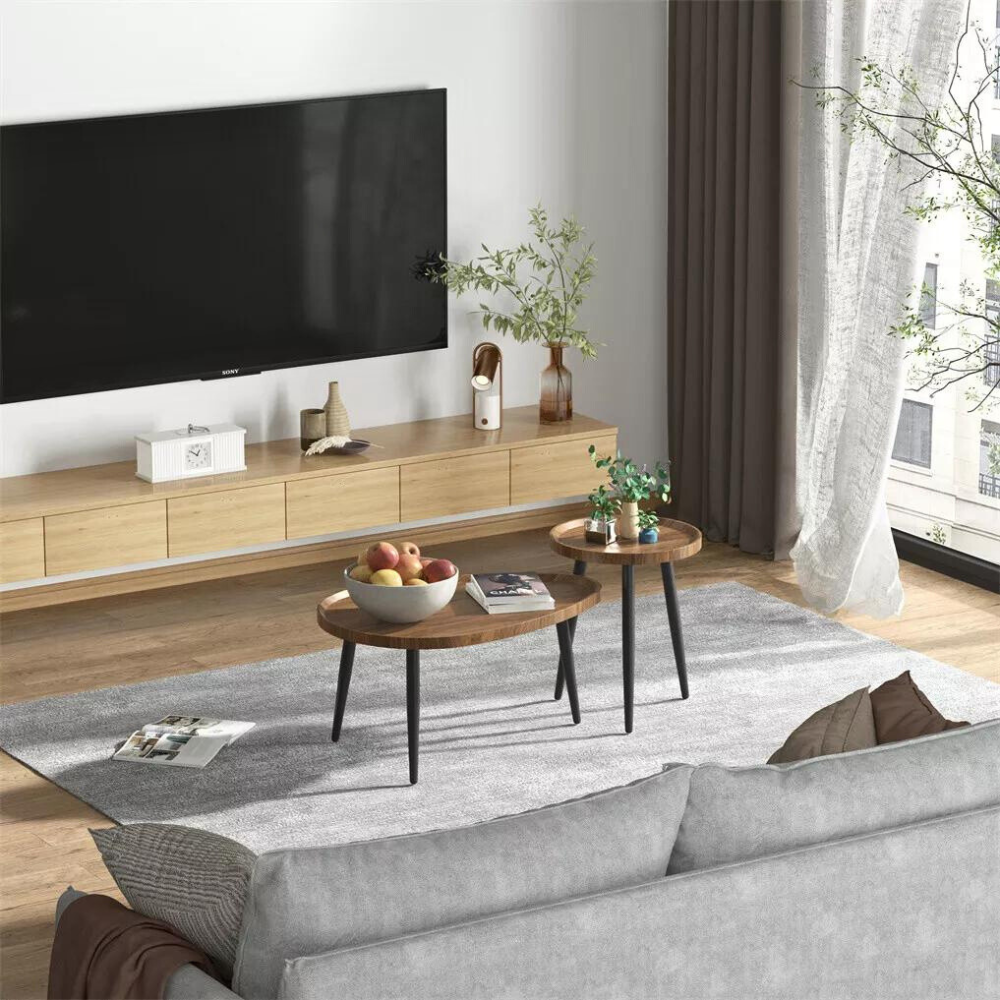 Industrial Coffee Table Set - Wooden Top and Metal Base