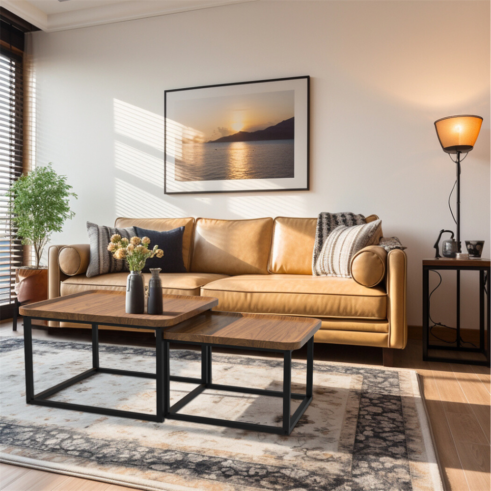 Industrial Coffee Table Set - Wooden Top and Metal Base