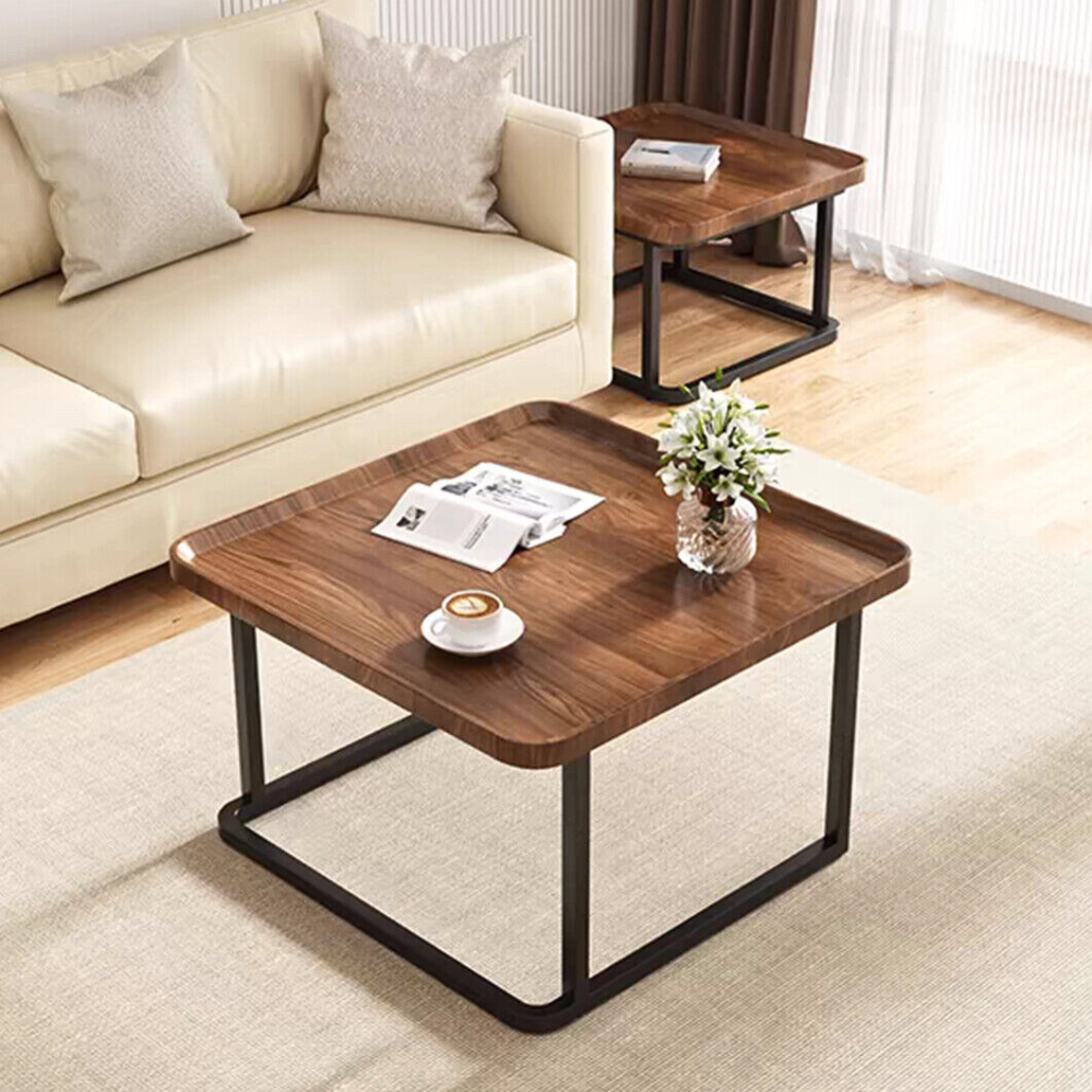 Industrial Coffee Table Set - Wooden Top and Metal Base