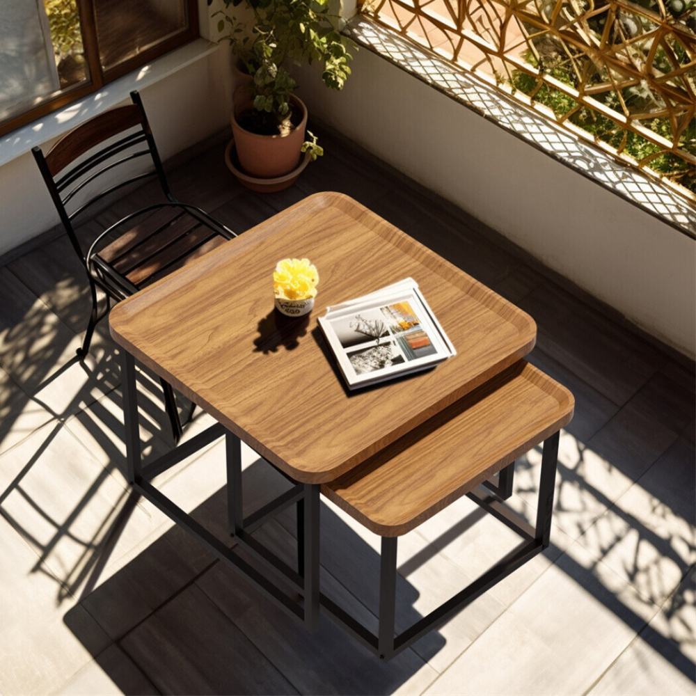 Industrial Coffee Table Set - Wooden Top and Metal Base