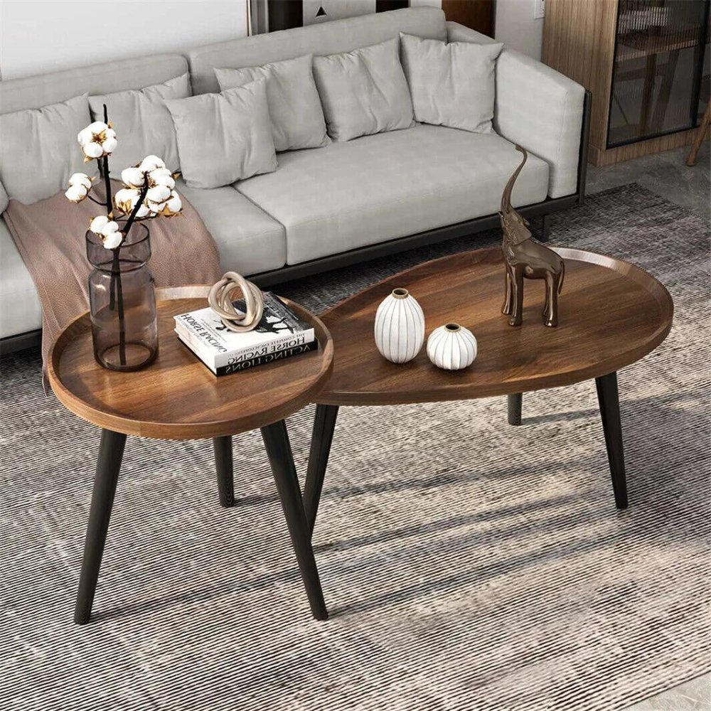 Industrial Coffee Table Set - Wooden Top and Metal Base
