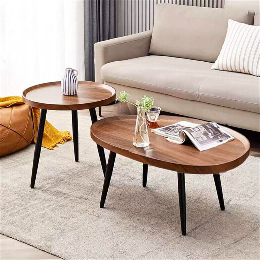 Industrial Coffee Table Set - Wooden Top and Metal Base