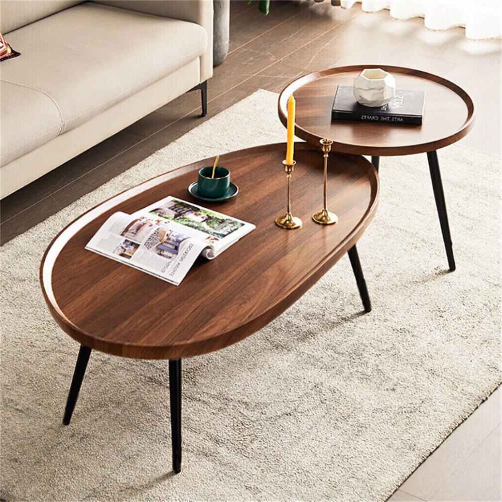 Industrial Coffee Table Set - Wooden Top and Metal Base