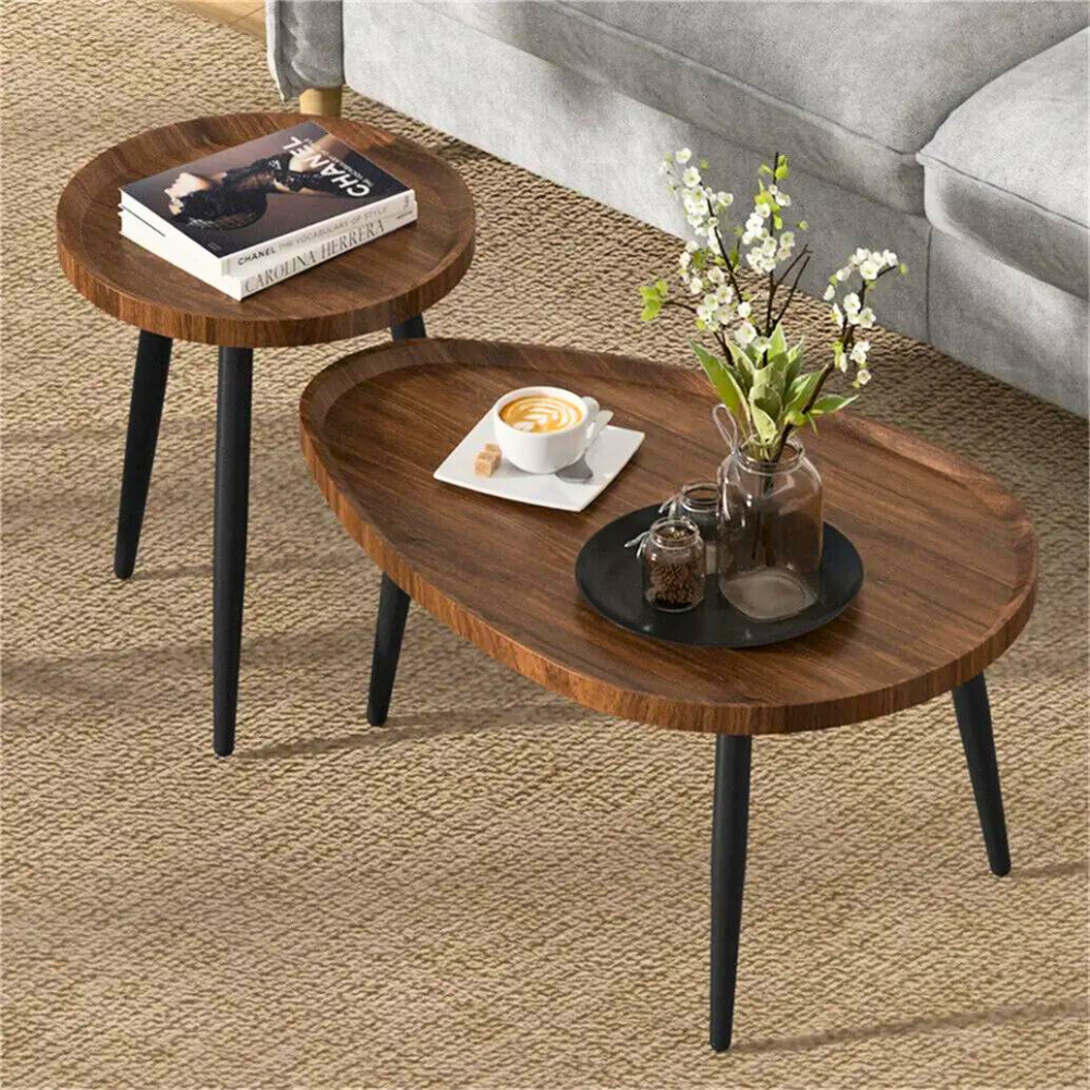 Industrial Coffee Table Set - Wooden Top and Metal Base