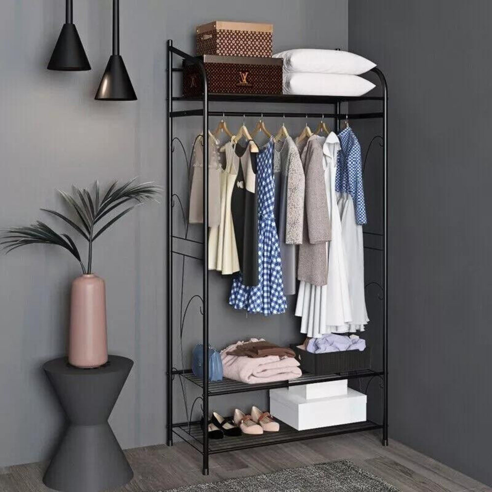 Black Metal Heavy Duty Clothes Rail Clothes Rack with 2 Shelf Storage Shelves