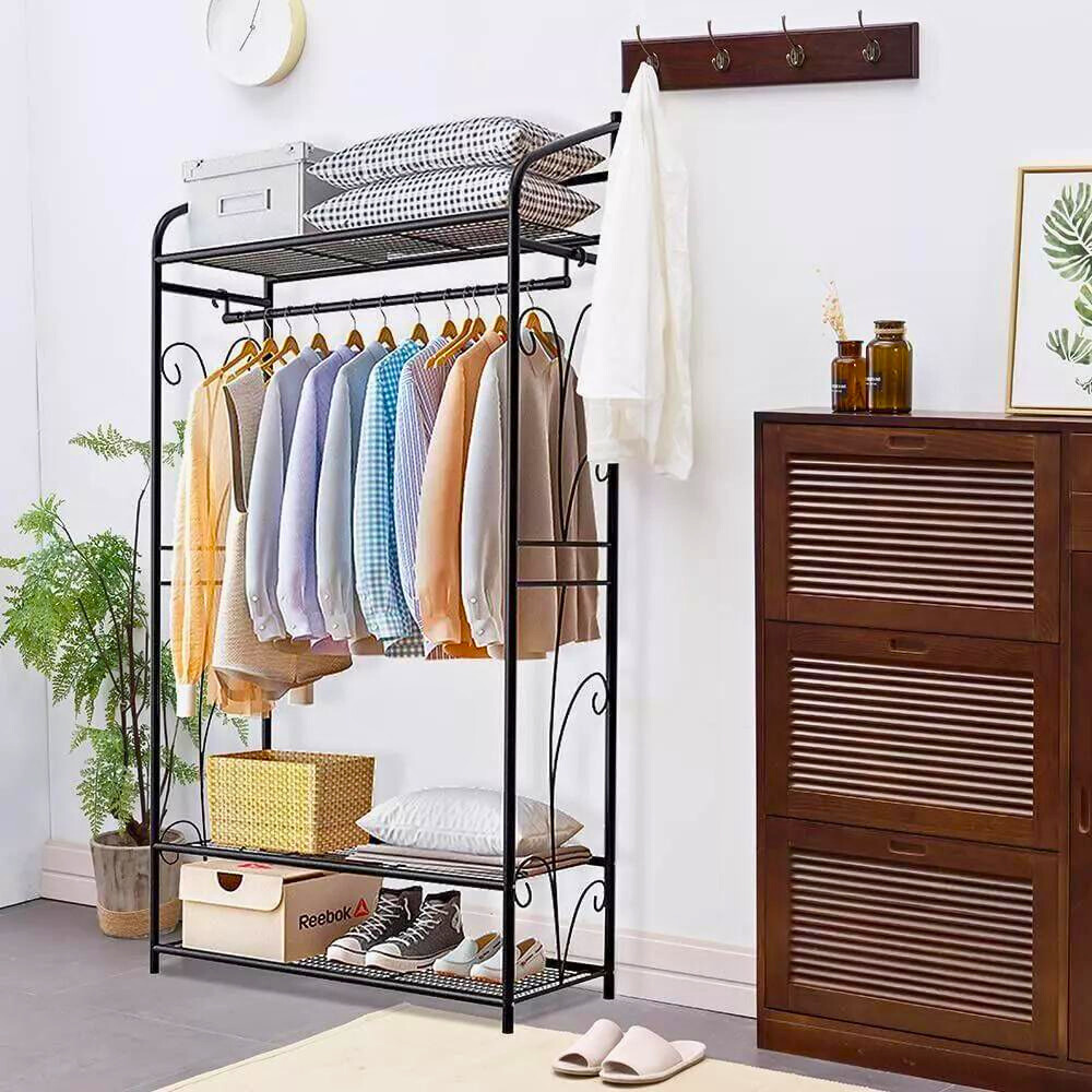 Black Metal Heavy Duty Clothes Rail Clothes Rack with 2 Shelf Storage Shelves