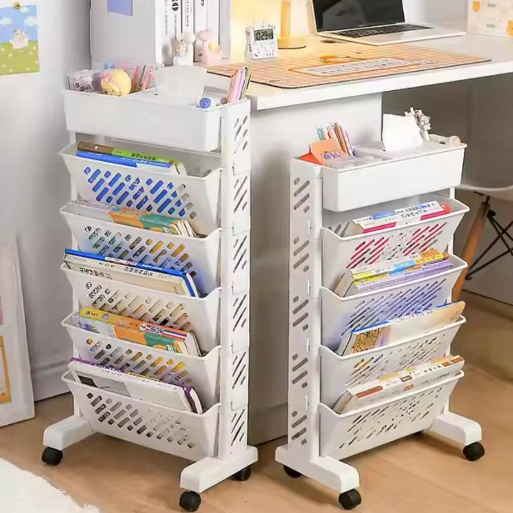 Floor Mounted Movable Bookshelf with Wheels Classroom Desk Storage Rack_0
