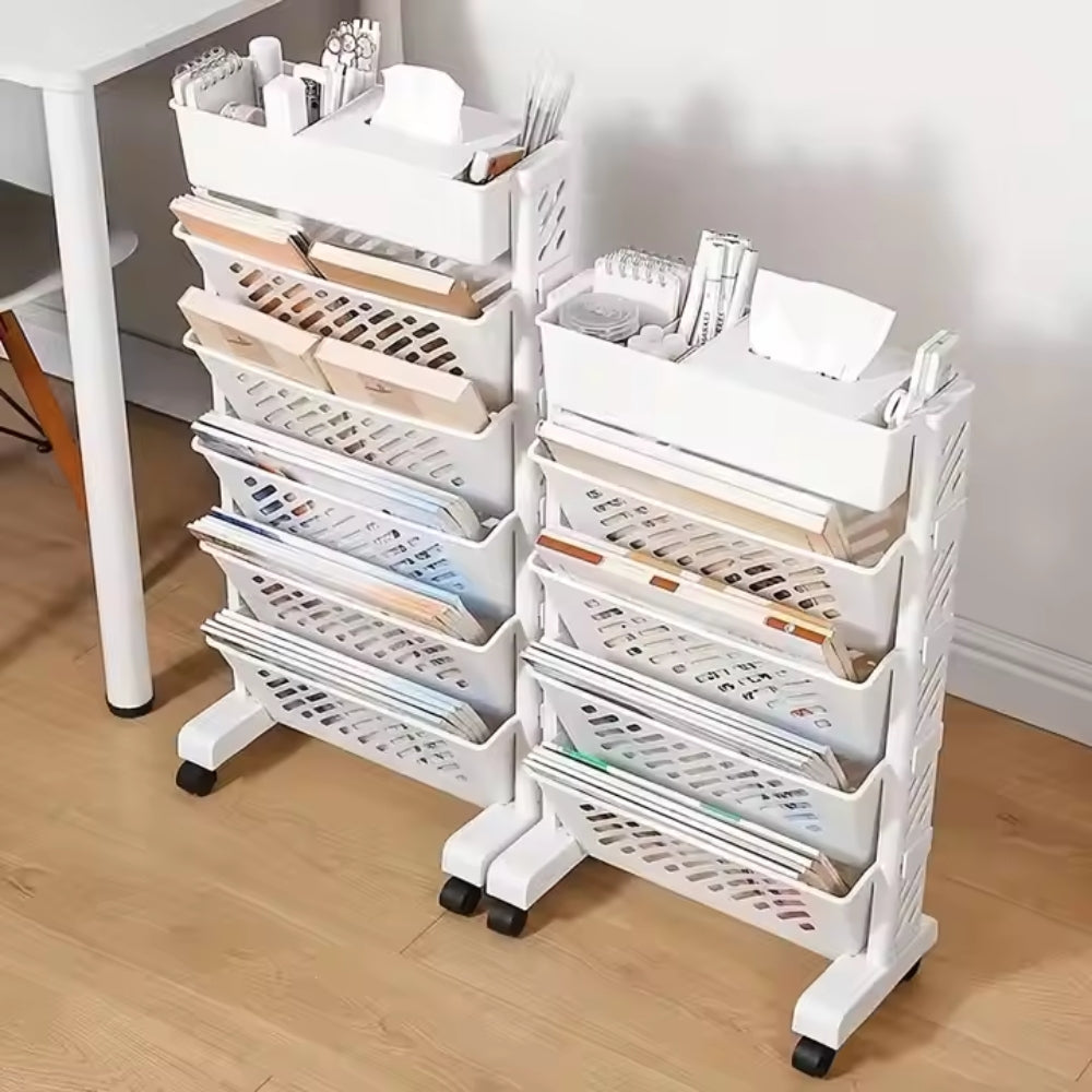 Floor Mounted Movable Bookshelf with Wheels Classroom Desk Storage Rack_2