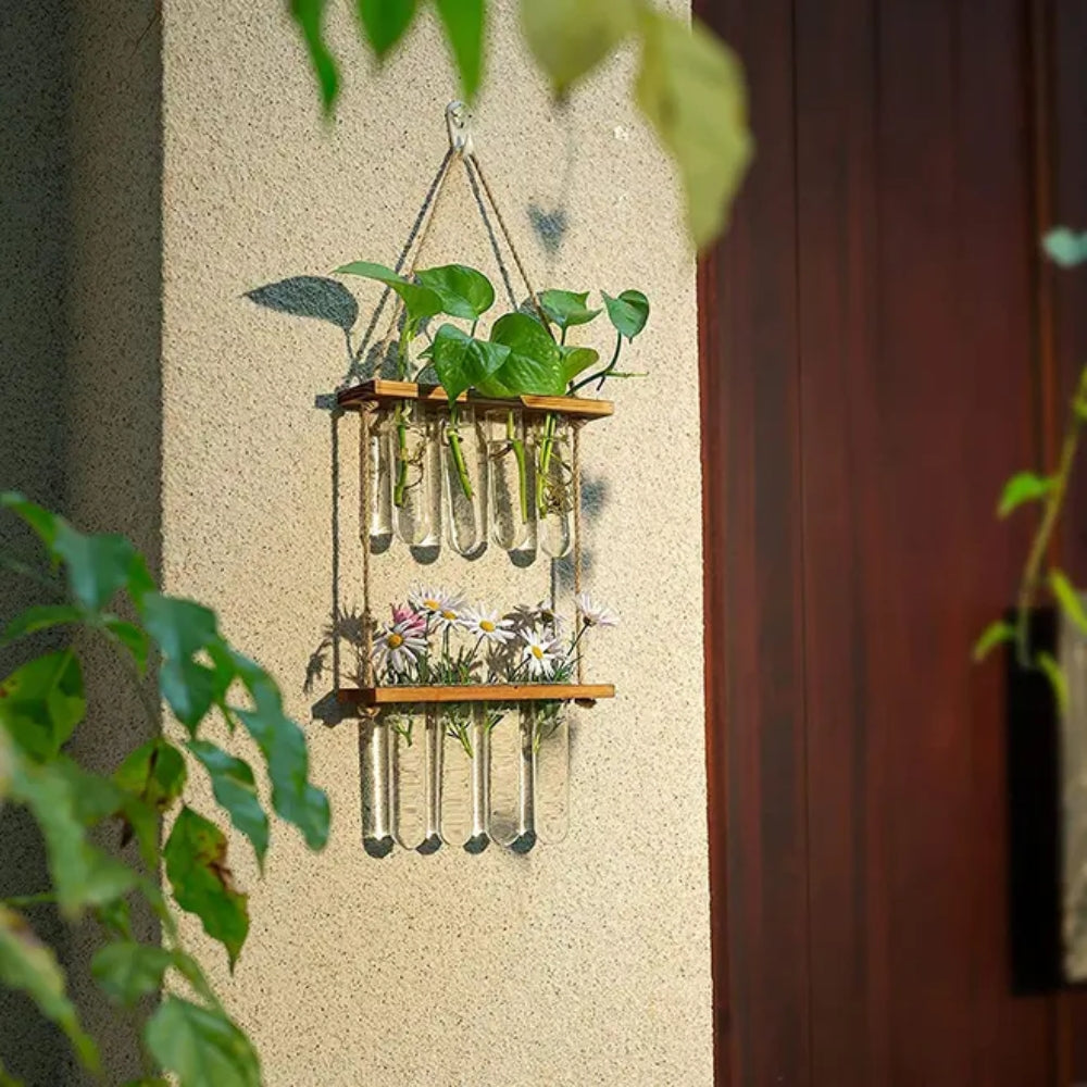 2 Layer Glass Wall Hanging Planter with Wooden Stand