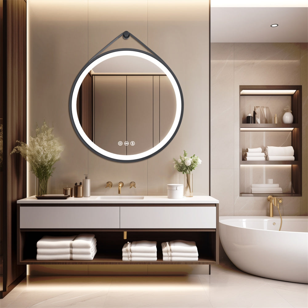 Round Bathroom Lighted Mirror With Touch Sensor Black Framed Mirror with LED Lights