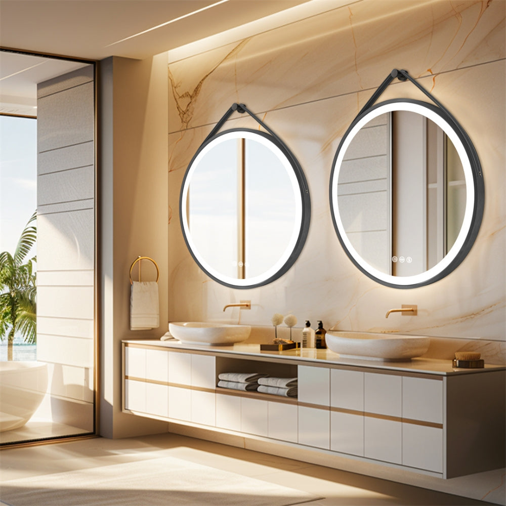 Round Bathroom Lighted Mirror With Touch Sensor Black Framed Mirror with LED Lights
