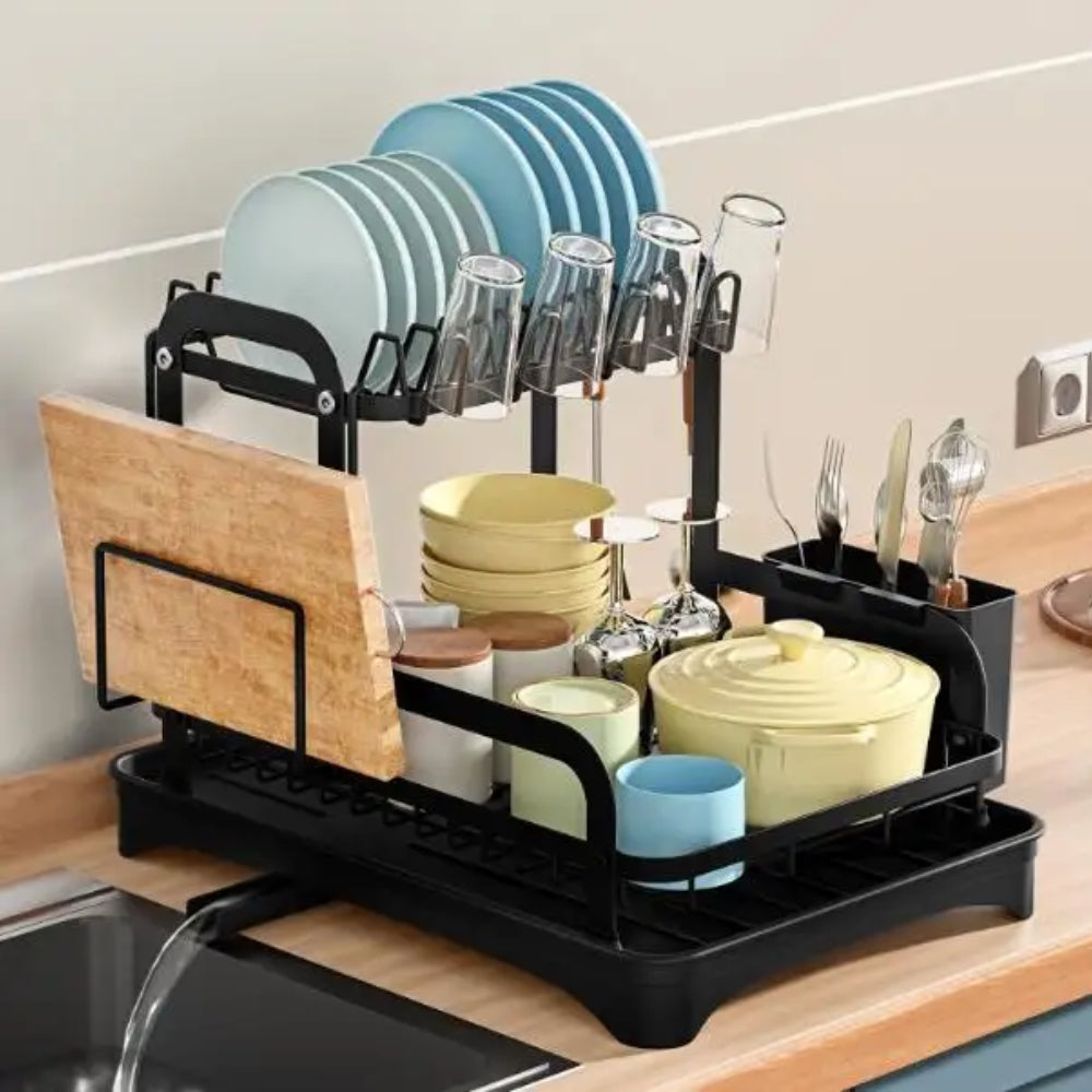 360 Degree Rotating 2 Tier Dish Bowl Drainer Kitchen Tableware Rack