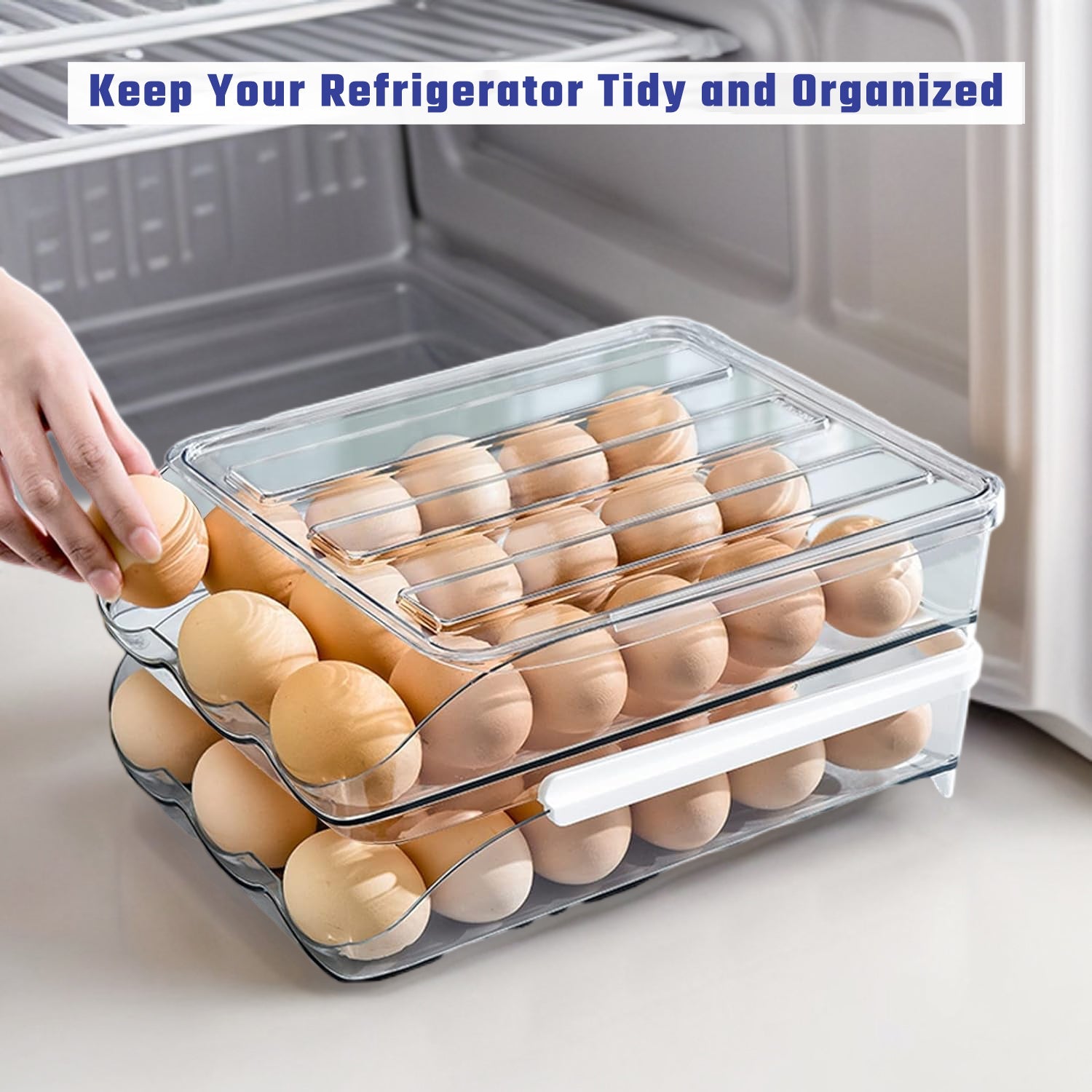 Hivvago 2 Layers Automatic Rolling Clear Egg Refrigerator Organizer with Lid