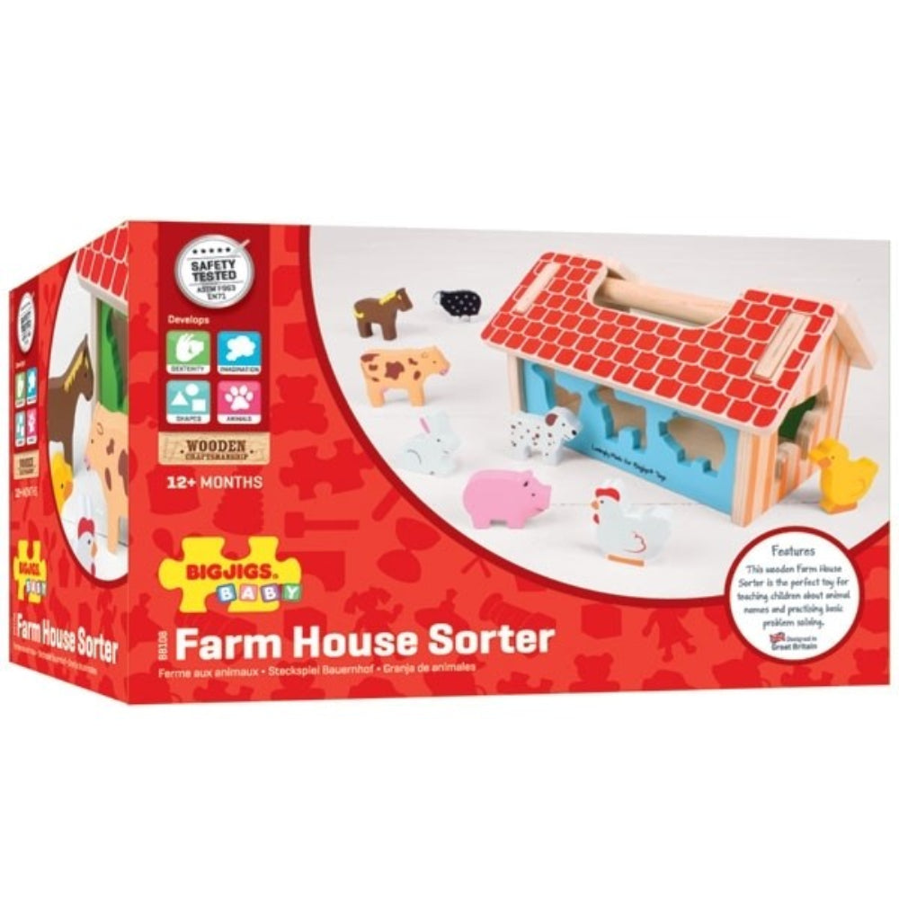 Bigjigs Toys Educational Wooden Farmhouse Shape Sorter Toy for Toddlers