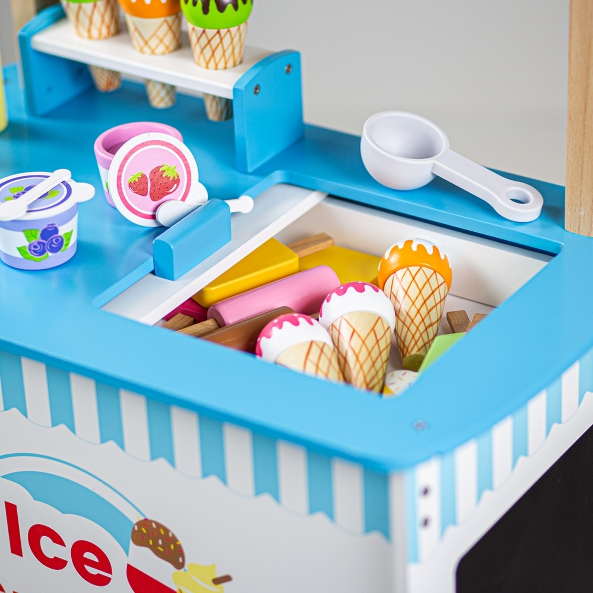Bigjigs Toys Wooden Ice Cream Cart Pretend Play  with 17 Play Pieces